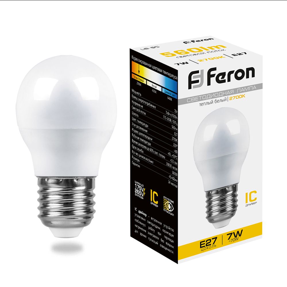 Лампа светодиодная Feron LB-95 Шарик E27 7W 2700K