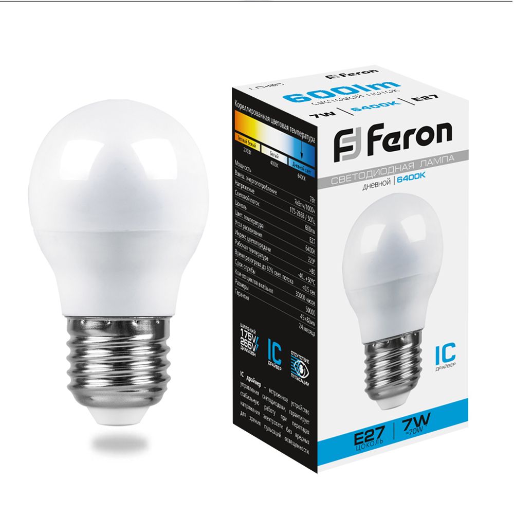 Лампа светодиодная Feron LB-95 Шарик E27 7W 6400K