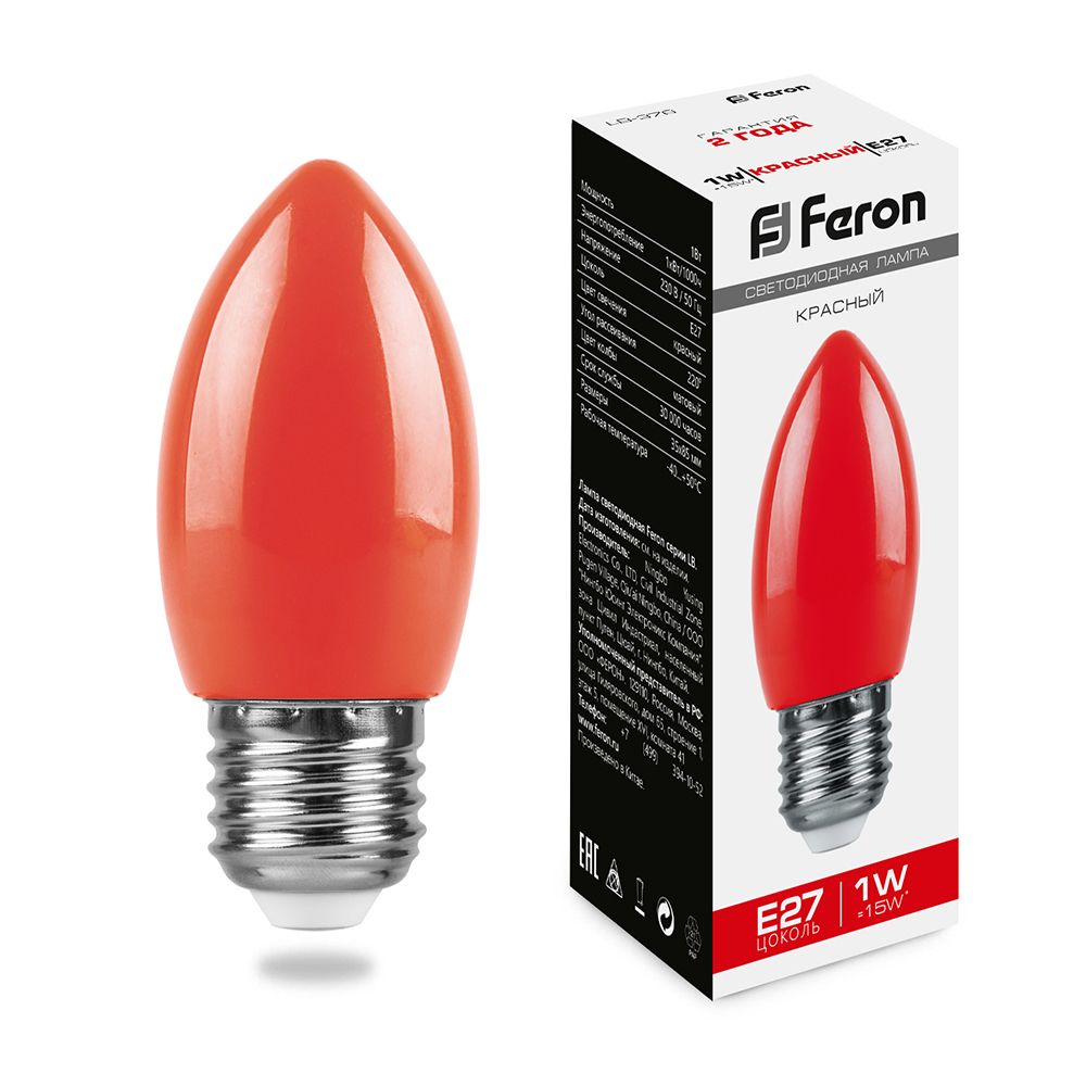 Лампа светодиодная Feron LB-376 свеча E27 1W красный