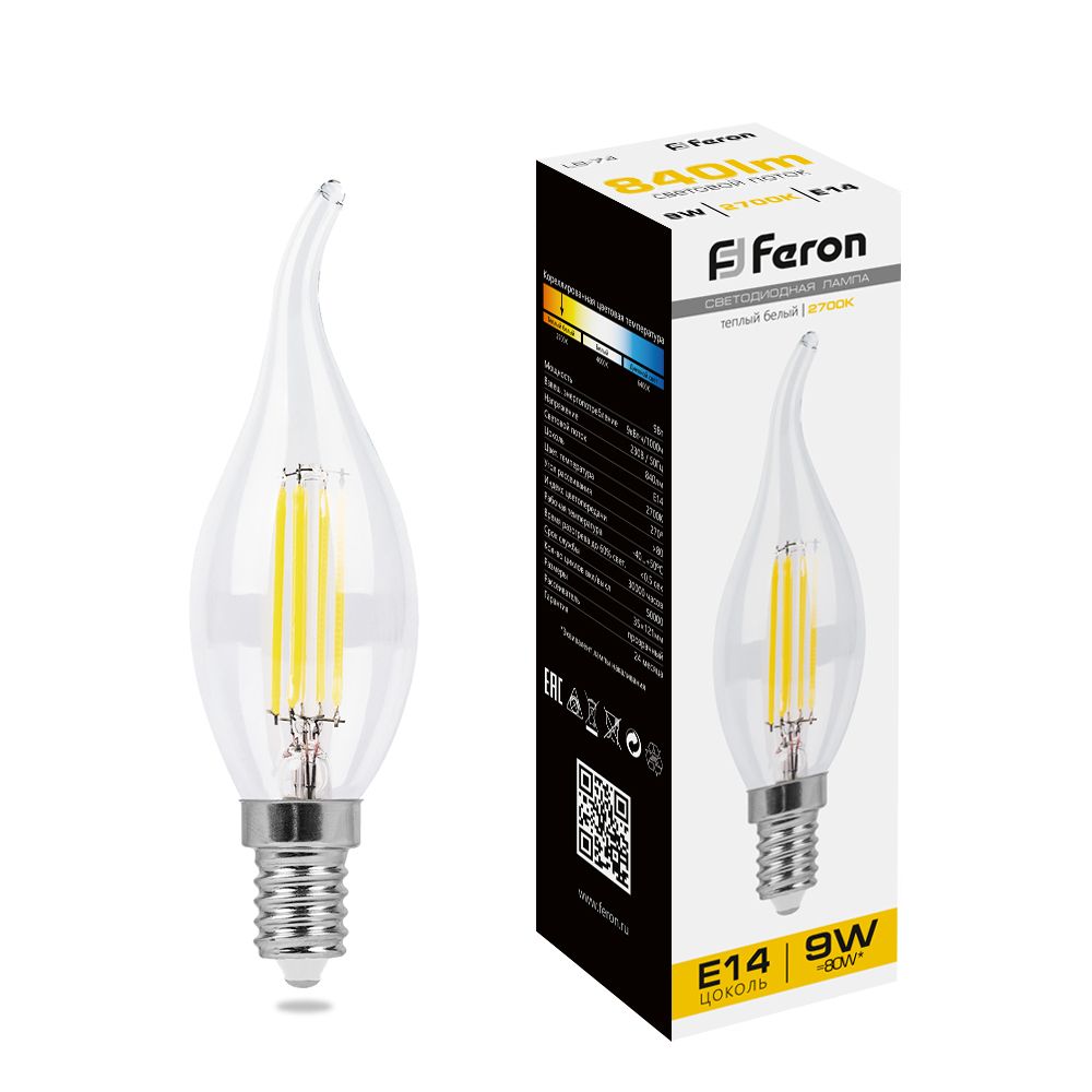 Лампа светодиодная Feron LB-74 Свеча на ветру E14 9W 2700K