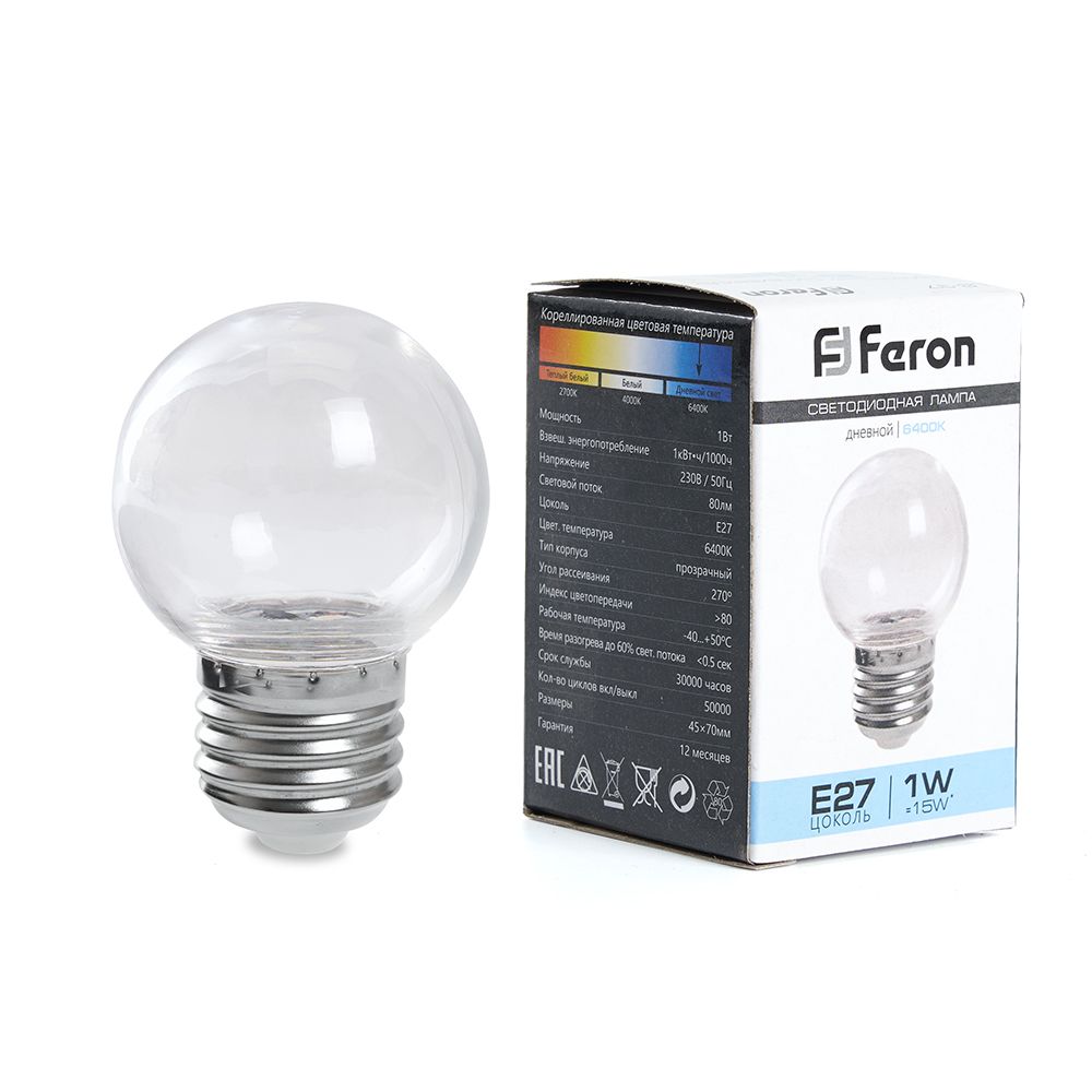 Лампа светодиодная Feron LB-37 Шарик E27 1W 6400K прозрачный